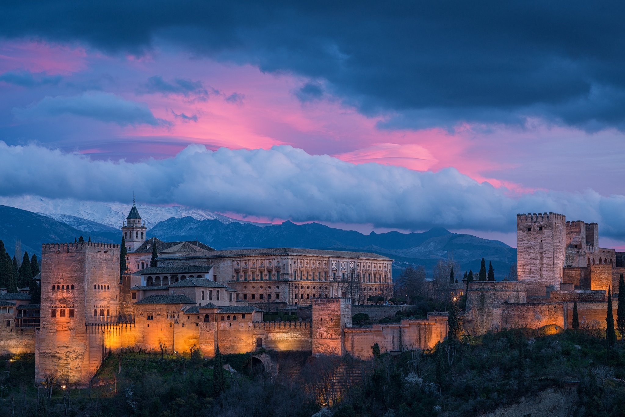 granada, Spain, Alhambra, Spain, Sky, Clouds, Mountains, Night, Sunset, Building, Monument, Lights, City Wallpaper