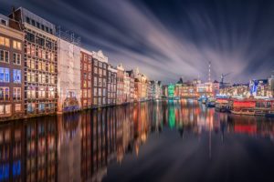 night, Grand, Central, Station, Houses, Amsterdam, Reflection