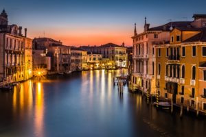 venice, Italy, Canal, Grande, City, Night, Lights, Lamps, Lights, Houses, Buildings, Roofs, Sea, Gondola, Boats