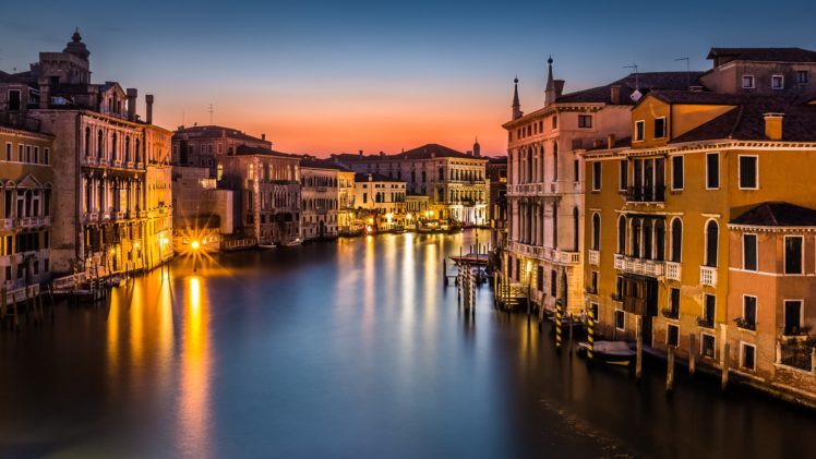venice, Italy, Canal, Grande, City, Night, Lights, Lamps, Lights, Houses, Buildings, Roofs, Sea, Gondola, Boats HD Wallpaper Desktop Background