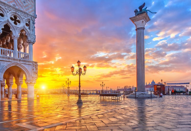 venice, Italy, Piazza, San, Marco, Canal, Grande, Area, House, Column, Winged, Lion, Lion, Wings, Lights, Church, Sky, Clouds, Evening, Sunset, City, Lights HD Wallpaper Desktop Background