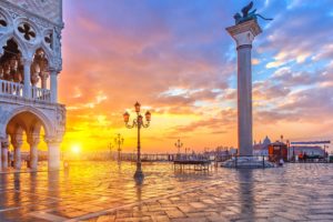 venice, Italy, Piazza, San, Marco, Canal, Grande, Area, House, Column, Winged, Lion, Lion, Wings, Lights, Church, Sky, Clouds, Evening, Sunset, City, Lights