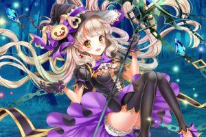 blonde, Hair, Breasts, Chain, Cleavage, Dress, Gloves, Hat, Long, Hair, Mayu, Vocaloid, Moyon, Ribbons, Staff, Thighhighs, Vocaloid, Witch, Witch, Hat, Yellow, Eyes