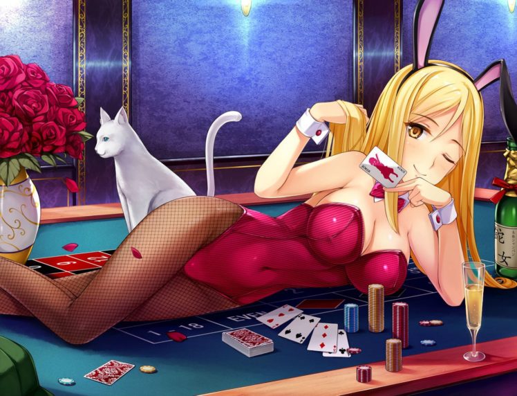 animal, Bow, Breasts, Bunny, Ears, Bunnygirl, Cat, Cleavage, Corset, Drink, Flowers, Long, Hair, Pantyhose, Petals, Rose, Skintight, Takano, Miyo, Wink, Wristwear HD Wallpaper Desktop Background
