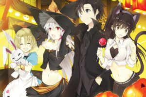 animal, Ears, Breasts, Brown, Eyes, Catgirl, Cleavage, Cosplay, Dress, Food, Green, Eyes, Group, Halloween, Hat, Headband, Male, Navel, Red, Eyes, Tail, Witch, Witch, Hat