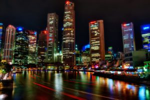 singapore, Houses, Rivers, Skyscrapers, Night, Colors, Lights, Road, City