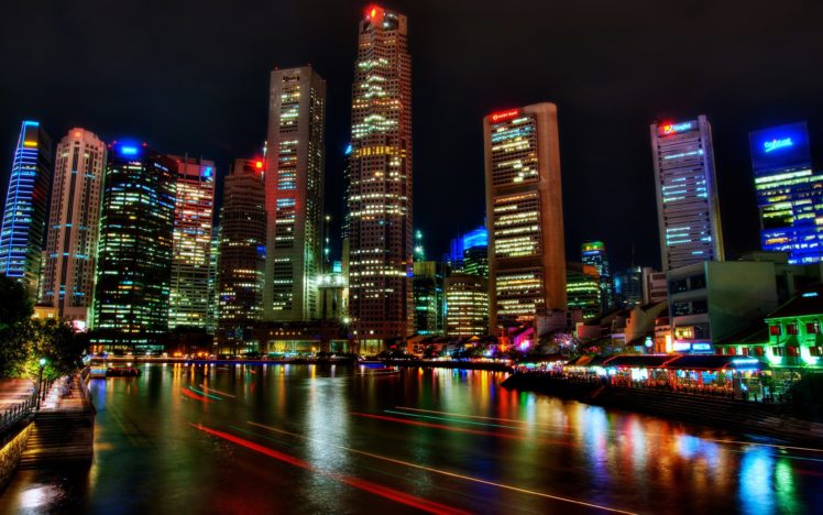 singapore, Houses, Rivers, Skyscrapers, Night, Colors, Lights, Road, City HD Wallpaper Desktop Background