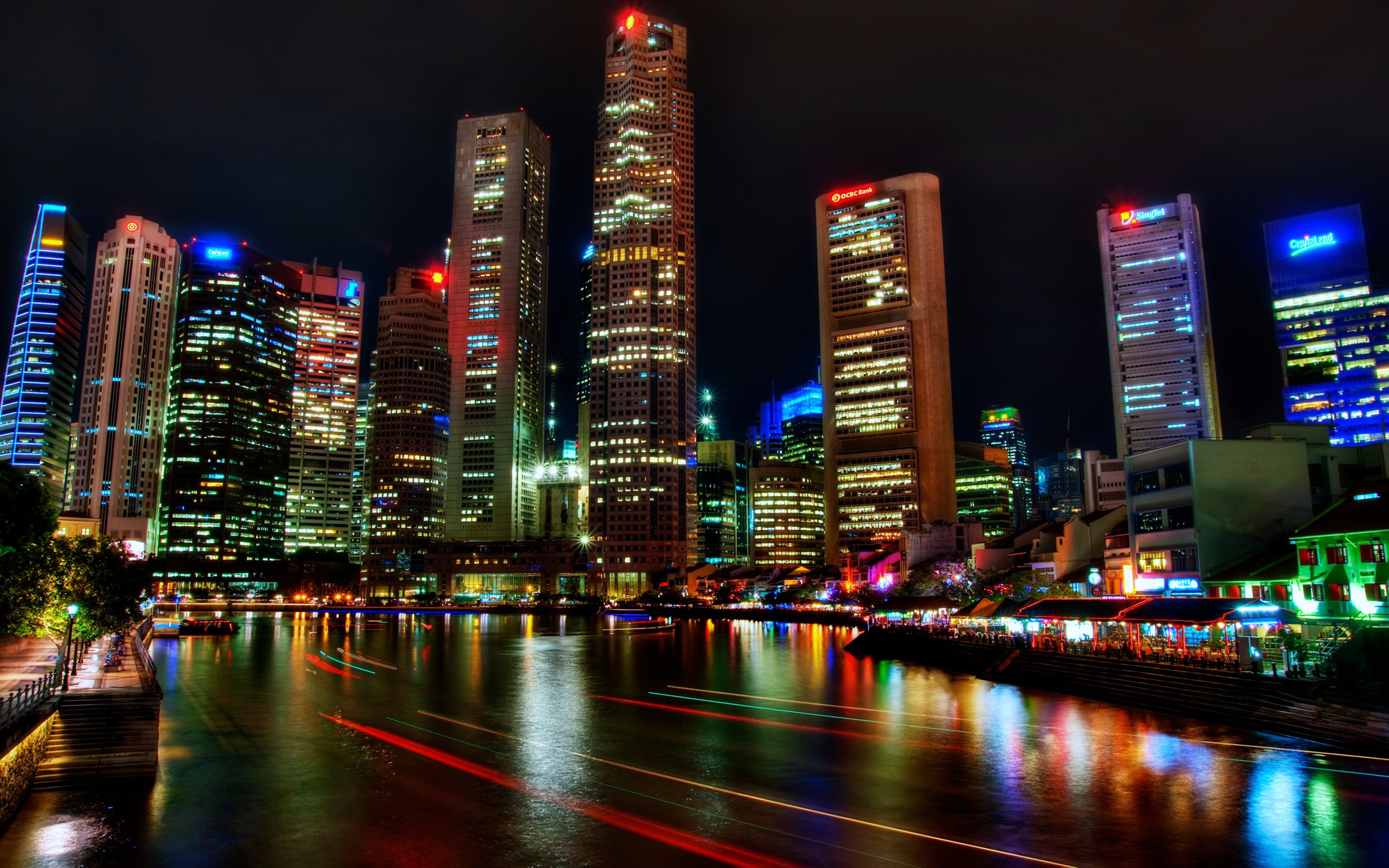 singapore, Houses, Rivers, Skyscrapers, Night, Colors, Lights, Road, City Wallpaper