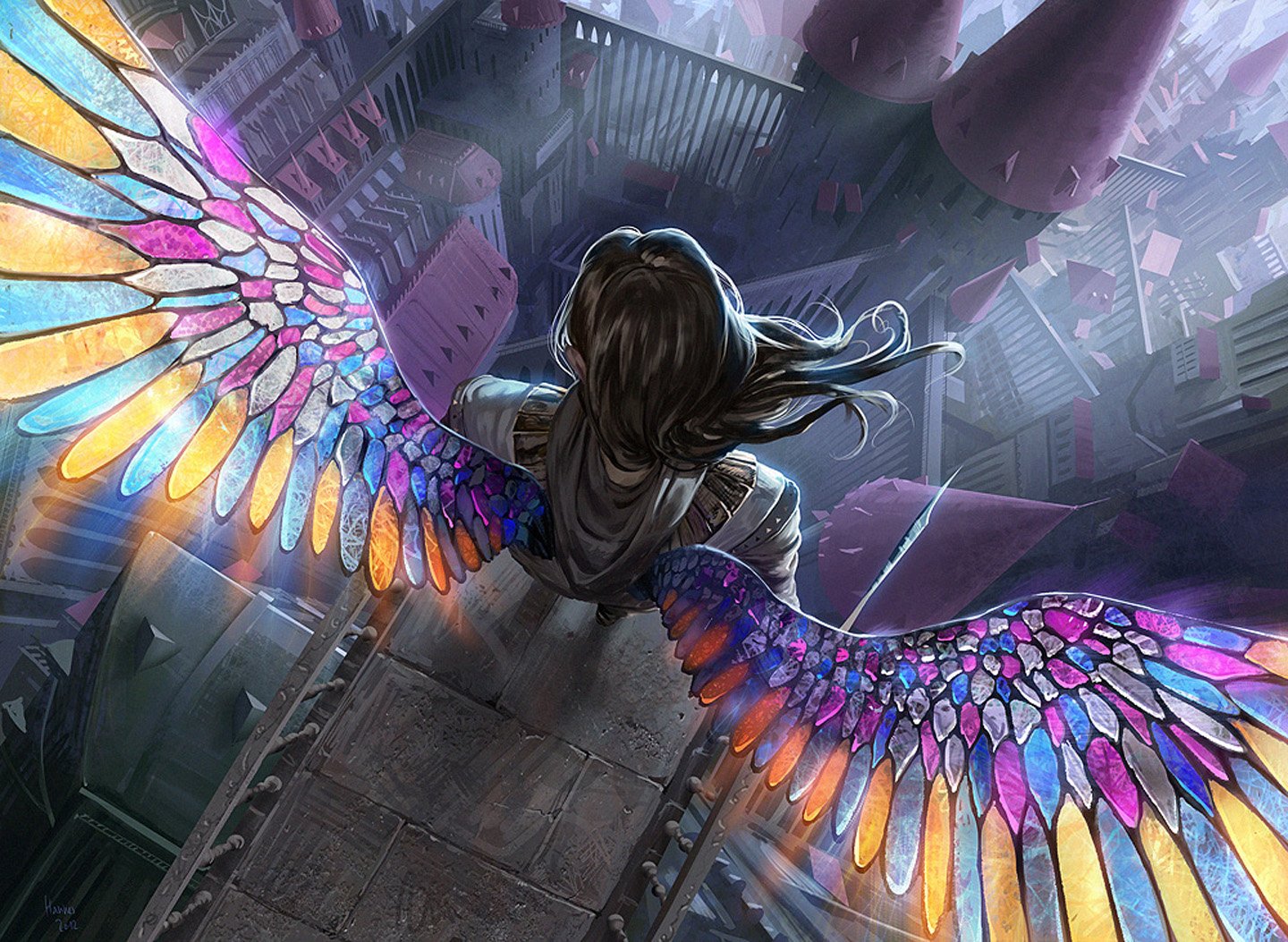 fantasy, Angel, Rainbow, Wings, Color, City Wallpaper