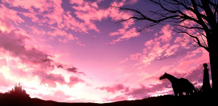 anime, Landscape, Sky, Horse, Tree, Guy, City, Cloud HD Wallpaper Desktop Background