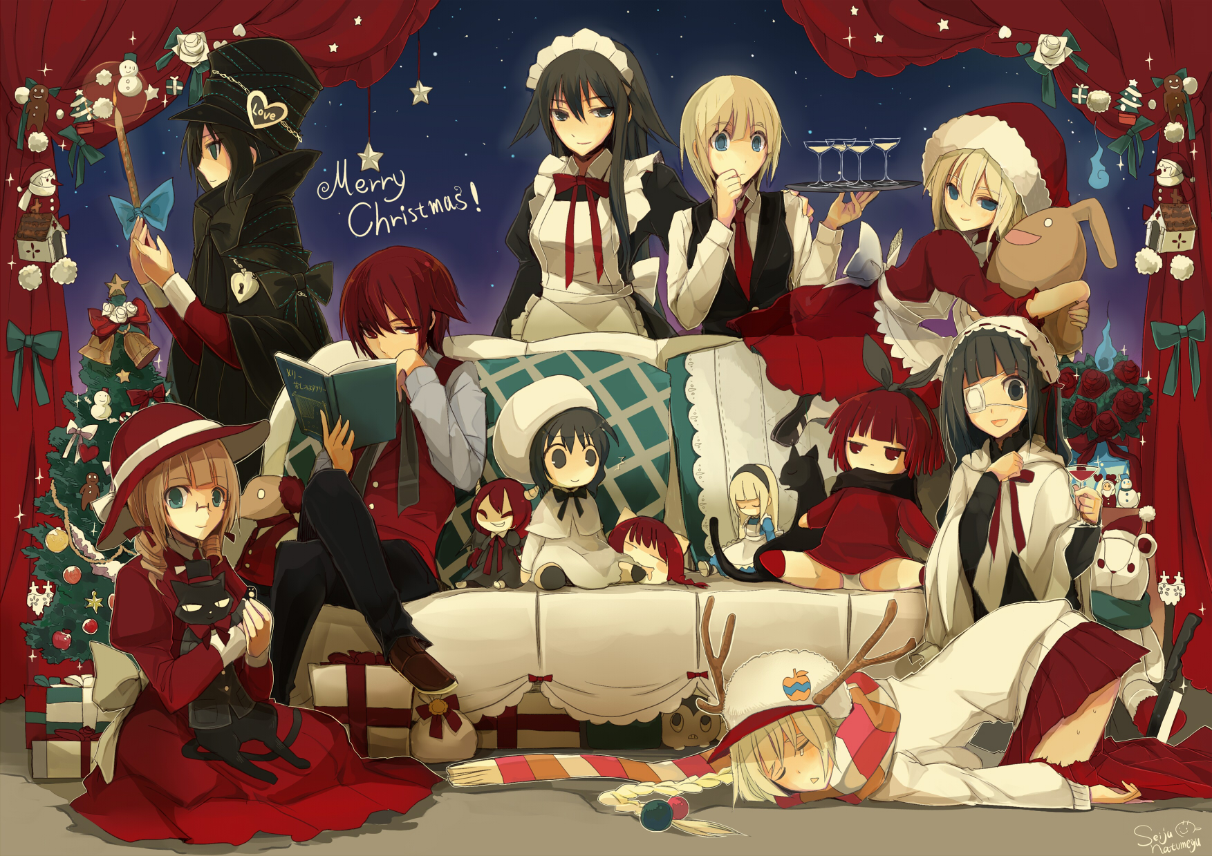 animal, Book, Bow, Cat, Christmas, Dress, Eyepatch, Flowers, Glasses, Group, Hat, Horns, Long, Hair, Maid, Night, Original, Red, Eyes, Red, Hair, Ribbons, Rose, Stars, Weapon Wallpaper