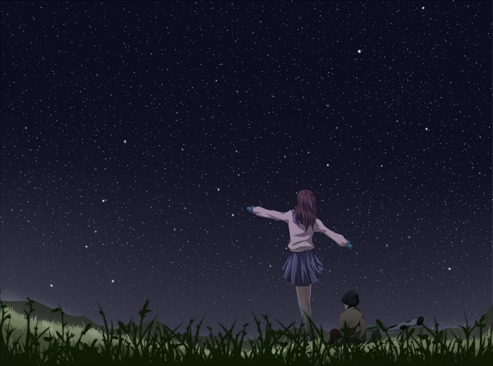 7ban, Gloves, Grass, Landscape, Night, Original, Scenic, Skirt, Sky, Stars Wallpaper