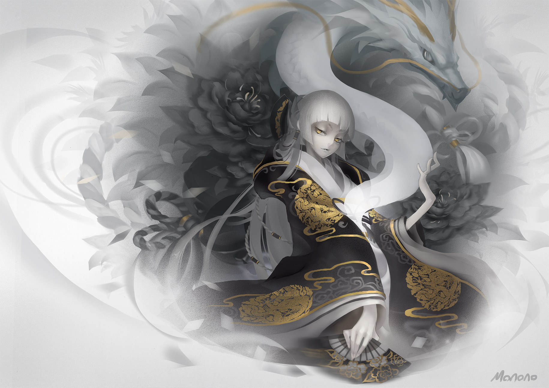 dragon, Fan, Flowers, Japanese, Clothes, Monono, Original, Yellow, Eyes Wallpaper