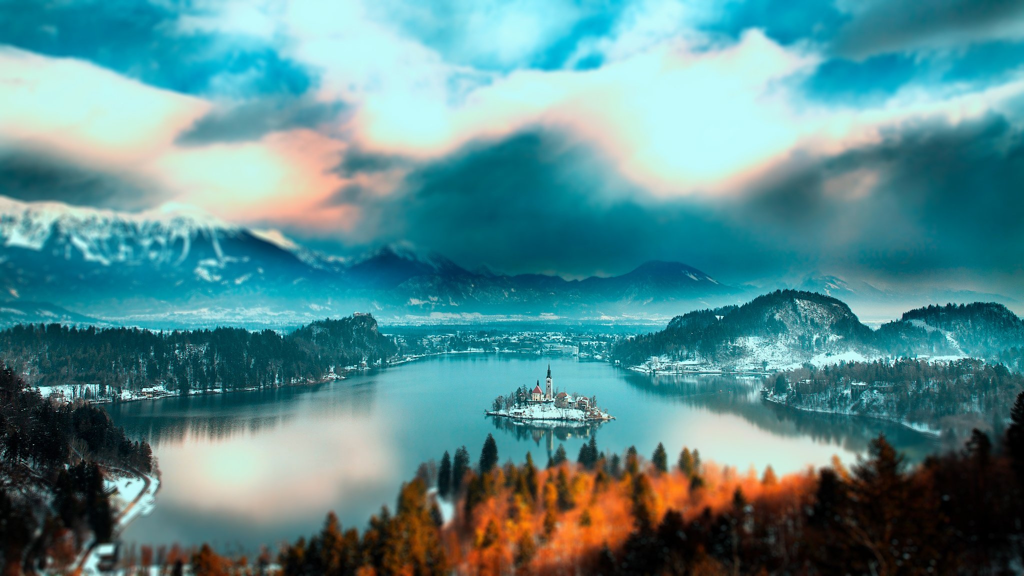 slovenia, Bled, Lake, Slovenia, Lake, Bled, Mountain, Forest, Trees, Island, Church, Home, Lake, Water, Snow, Winter, Sky, Clouds, Landscape, Nature Wallpaper