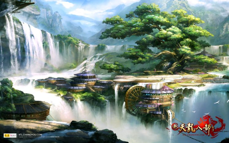 dragon, Oath, Martial, Kung, Action, Fighting, 1tlbb, Fantasy, Mmo, Rpg, Poster, Waterfall HD Wallpaper Desktop Background