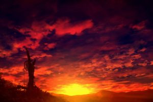 original, Anime, Landscape, Sunset, Sky, Cloud, Beautiful, Red