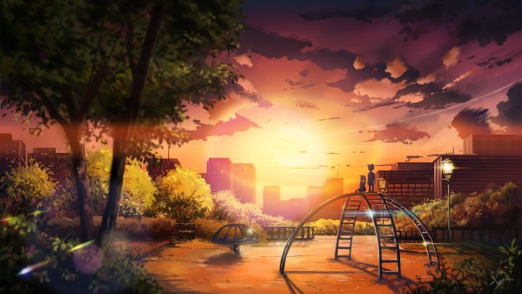original, Anime, Landscape, Sunset, Sky, Cloud, Beautiful, Tree, Park, Children, City HD Wallpaper Desktop Background