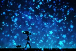 original, Stars, Umbrella, Cat, Male, Anime, Blue, Night