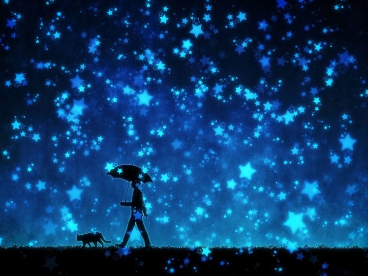 original, Stars, Umbrella, Cat, Male, Anime, Blue, Night HD Wallpaper Desktop Background