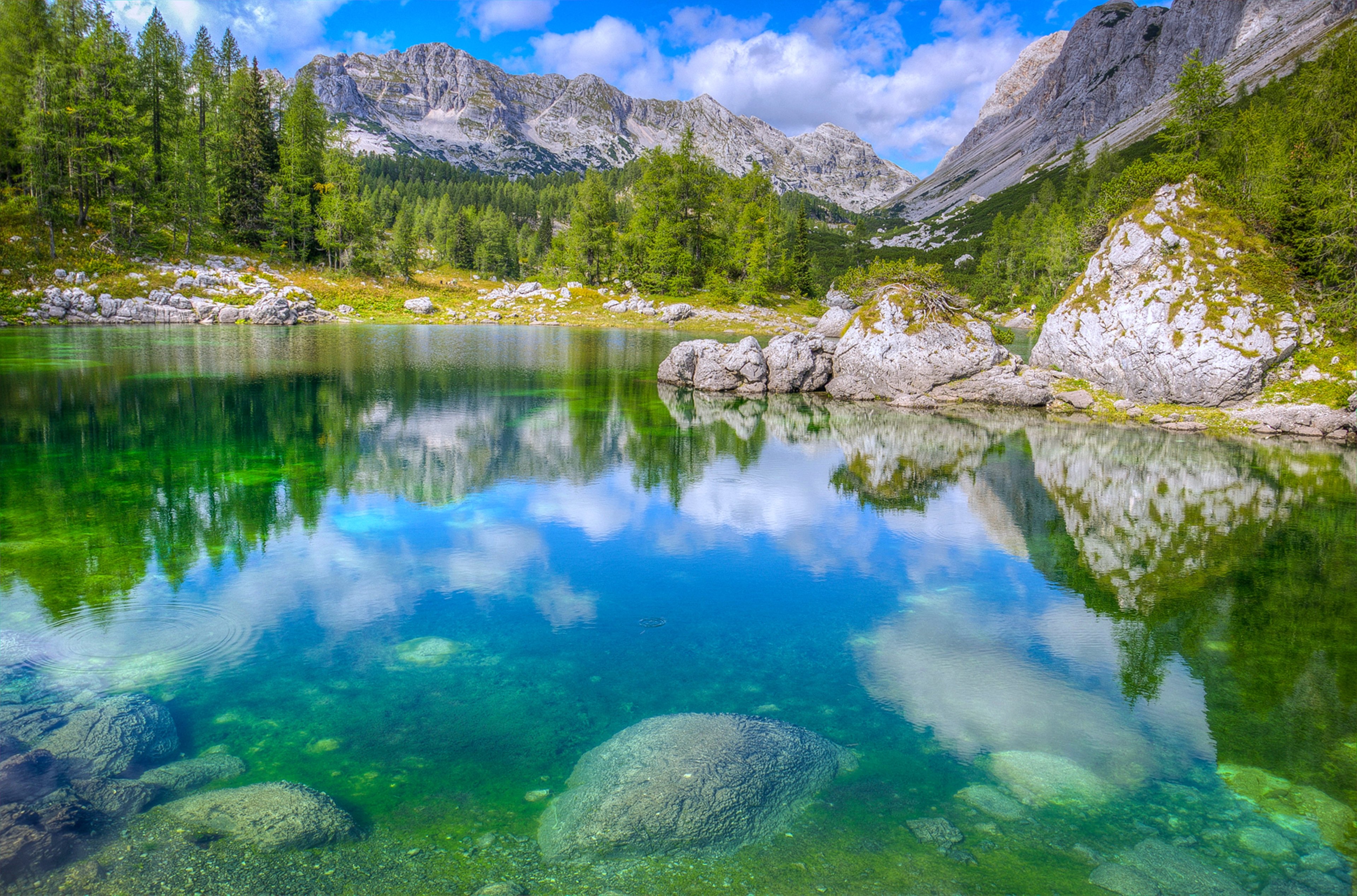 slovenia, Lakes, Stones, Rocks, Mountains, Nature, Landscapes, Trees, Sky, Clouds, Spring, Beauty, Relax, Quiet Wallpaper