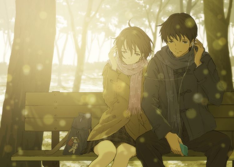 anime, Love, Couple, Music, Headphone, Tree, Winter, Sunshine, Romantic HD Wallpaper Desktop Background