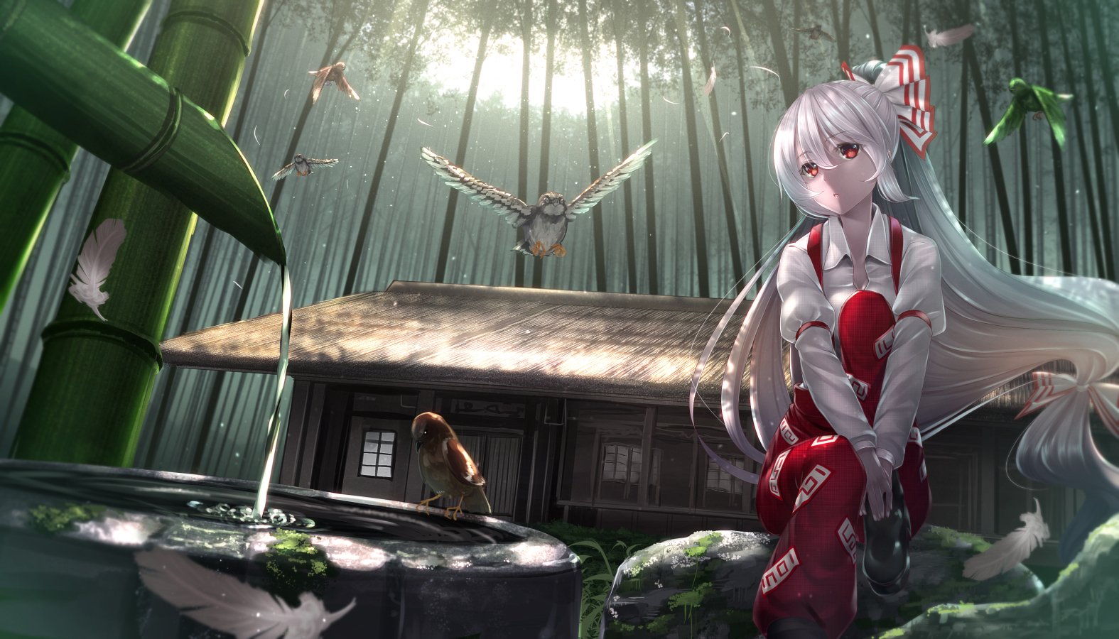 touhou, Anime, Series, Girl, Animal, Bird, House, Nature, Water, Forest, Sunlight, Feathers Wallpaper