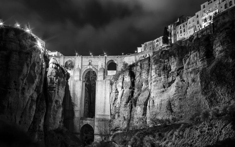 buildings, Bw, Night, Cliff HD Wallpaper Desktop Background