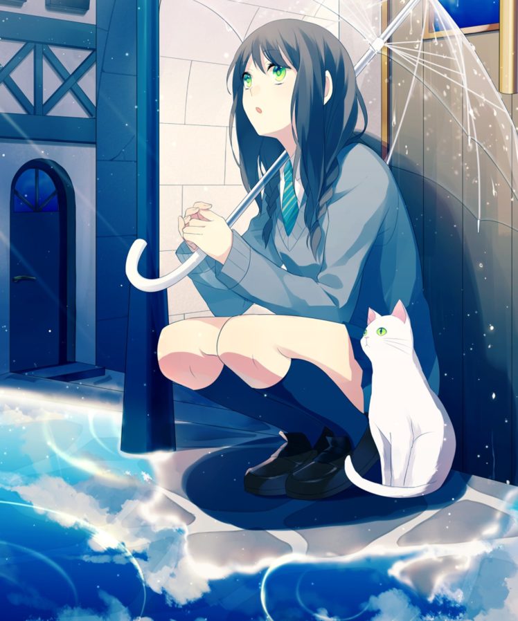 original, Rain, Anime, Girl, Cat, Umbrella, School, Uniform HD Wallpaper Desktop Background