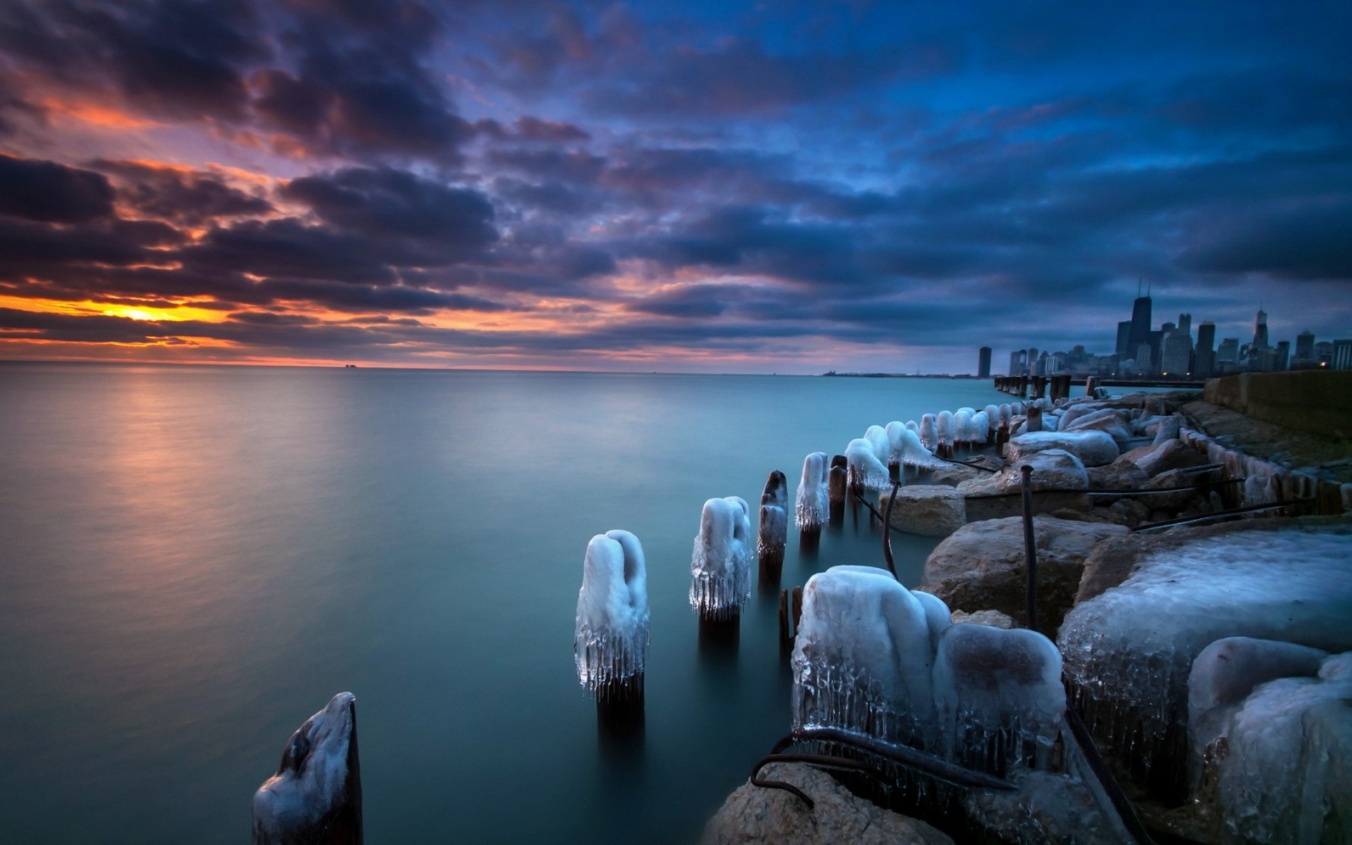 chicago, Illinois, United, States, Lakes, Reflection, Winter, Sunset, Ice Wallpaper