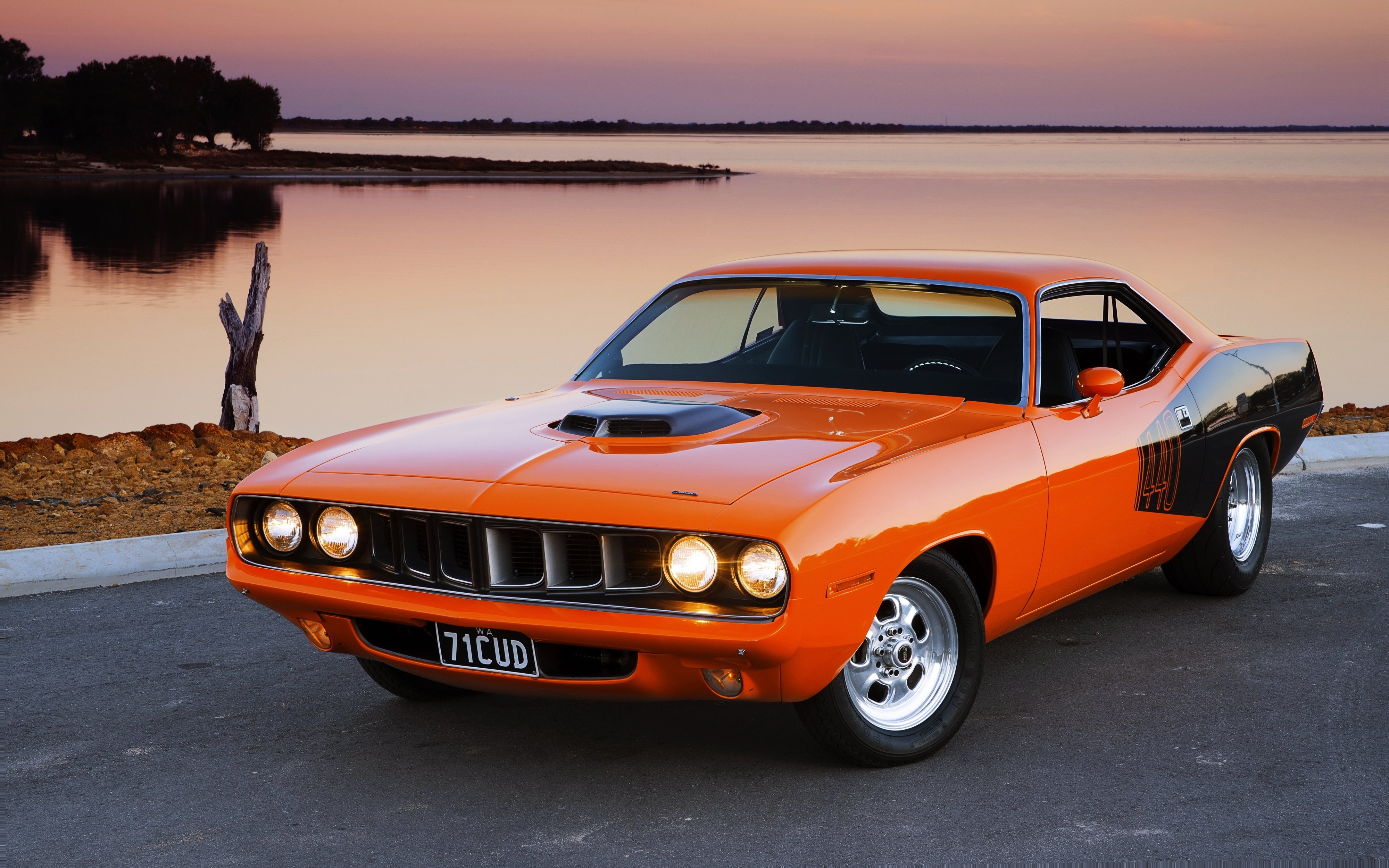 plymouth, Barracuda, Orange, Cars, Lakes, Landscapes, Nature, Motors, Speed, Race, Road Wallpaper