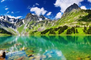 landscapes, Lakes, Mountains, Stones, Trees, Forest, Green, Snow, Sky, Clouds, Blue, Nature, Beauty, Relax, Quiet