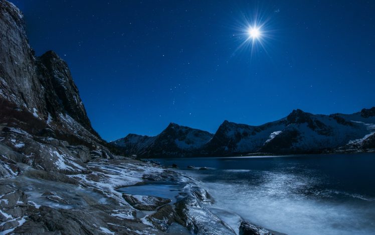 lakes, Landscapes, Sky, Stars, Winter, Ice, Snow, Mountains, Moon, Nature HD Wallpaper Desktop Background