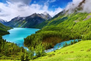 beauty, Blue, Clouds, Forest, Green, Lakes, Landscapes, Mountains, Nature, Quiet, Railroad, Relax, Sky, Snow, Stones, Trees, Rivers