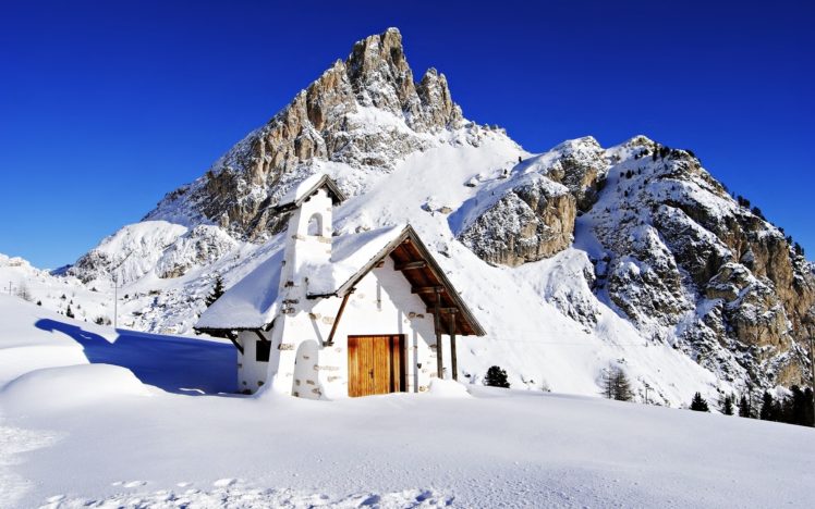 snow, Mountains, House, Sky, Blue, Sunny, Landscapes, Nature, Winter, High HD Wallpaper Desktop Background