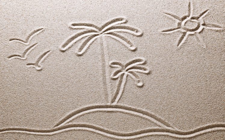 sand, Desert, Drawing, Sun, Palms, Birds, Landscapes HD Wallpaper Desktop Background