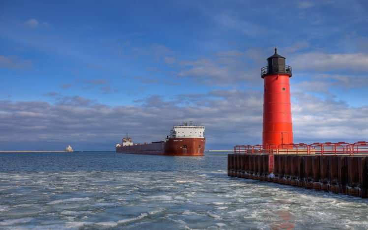 lighthouse, Sea, Karabl, Barge, Ship HD Wallpaper Desktop Background