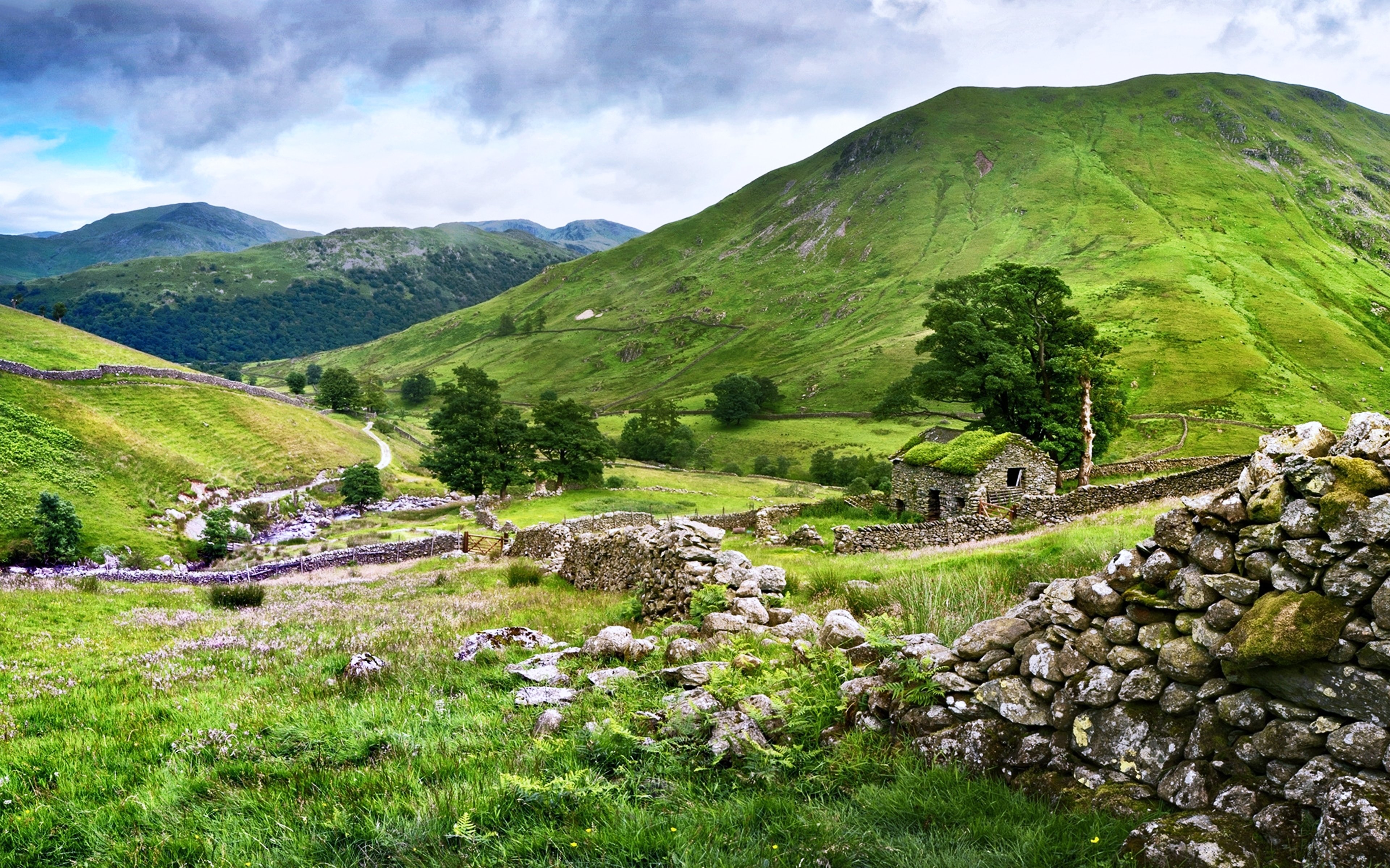 nature, Landscapes, Trees, Hills, Mountains, Stones, Houses, Grass, Green, Clouds Wallpaper