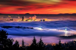 vancouver, Bridge, Fog, Sunset, Red, Landscapes, Nature, Buildings, Skyscrapers, Trees, Lights, City, Evening, Clouds, Sky