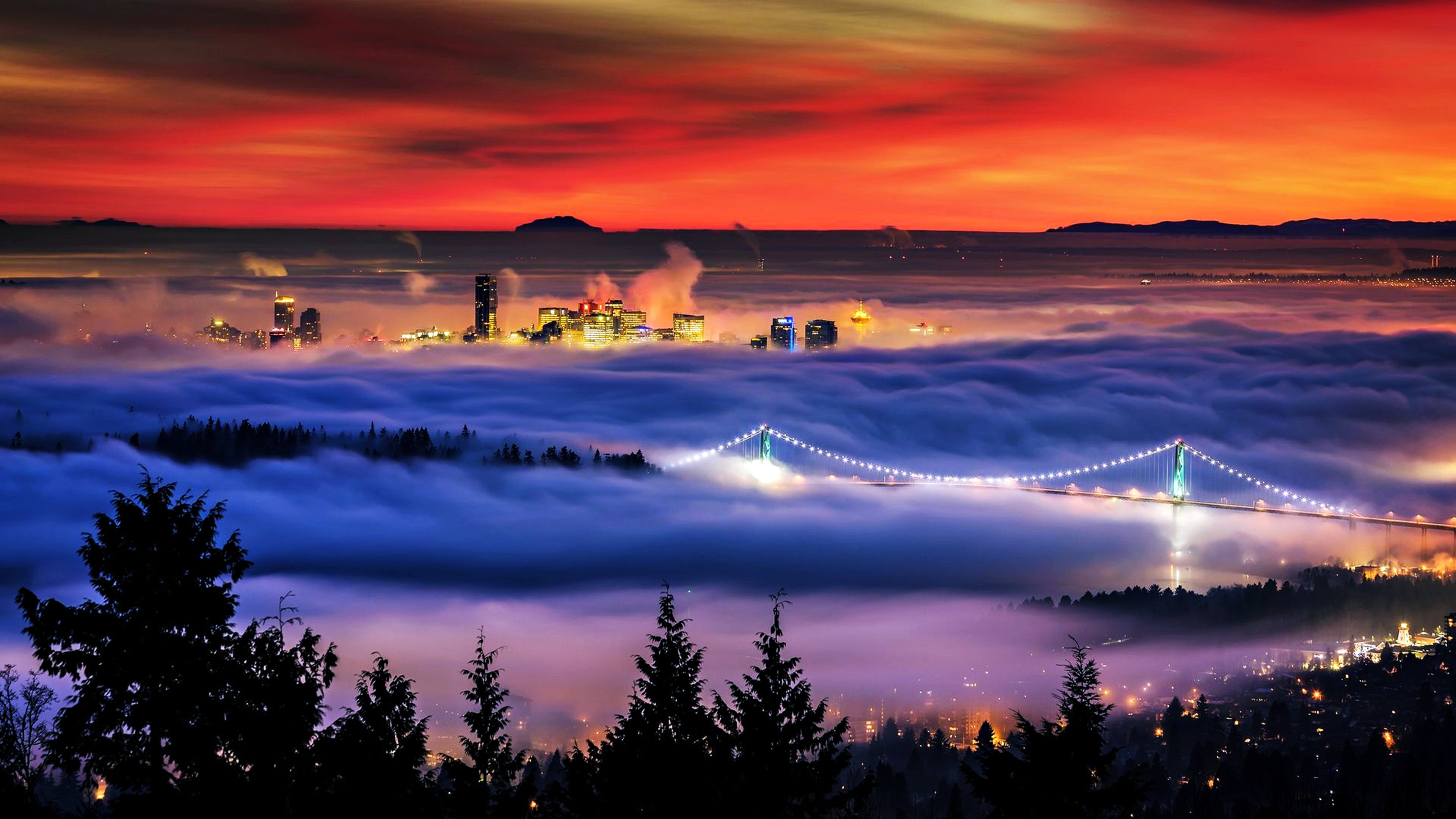 vancouver, Bridge, Fog, Sunset, Red, Landscapes, Nature, Buildings, Skyscrapers, Trees, Lights, City, Evening, Clouds, Sky Wallpaper