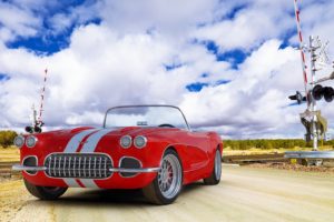 1961, Chevrolet, Corvette, Sky, Clouds, Red, Cars, Classic, Old, Crossing, Railroad, Landscape, Motors