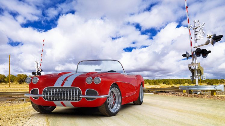 1961, Chevrolet, Corvette, Sky, Clouds, Red, Cars, Classic, Old, Crossing, Railroad, Landscape, Motors HD Wallpaper Desktop Background