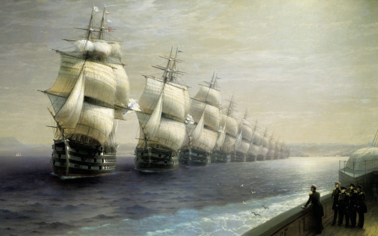 schooners, Ocean, Ship, Sail, Ship, Painting, Fantasy, Military HD Wallpaper Desktop Background
