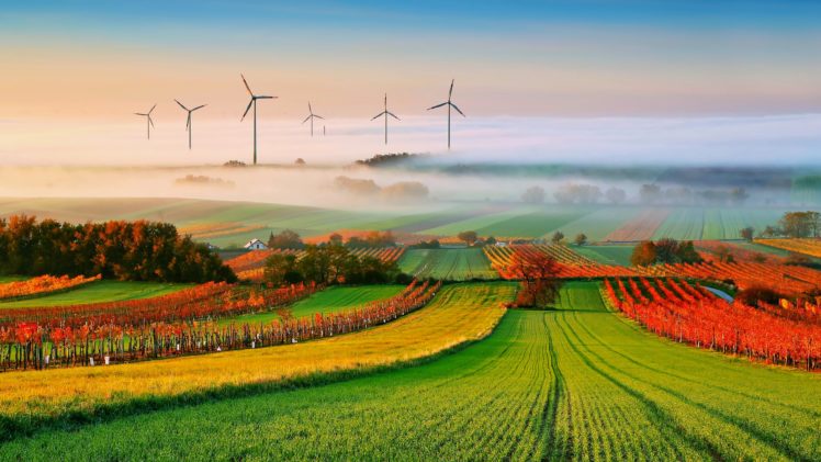 fog, Landscapes, Nature, Fields, Trees, Countryside, Fans, Electric, Power, Generation, Autumn, Clouds HD Wallpaper Desktop Background