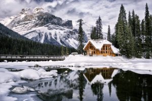 countryside, Trees, Forest, Jungle, Mountains, Snow, Winter, Lakes, Cold, House, Bridge, Icy, Sky, Clouds