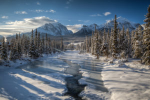 winter, River, Mountain, Forest, Trees, Mount, Temple, Canada, Snow