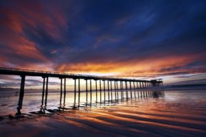 bridge, Sunset, Sea, Landscape, Pier, Reflection