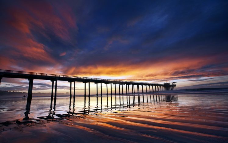 bridge, Sunset, Sea, Landscape, Pier, Reflection HD Wallpaper Desktop Background