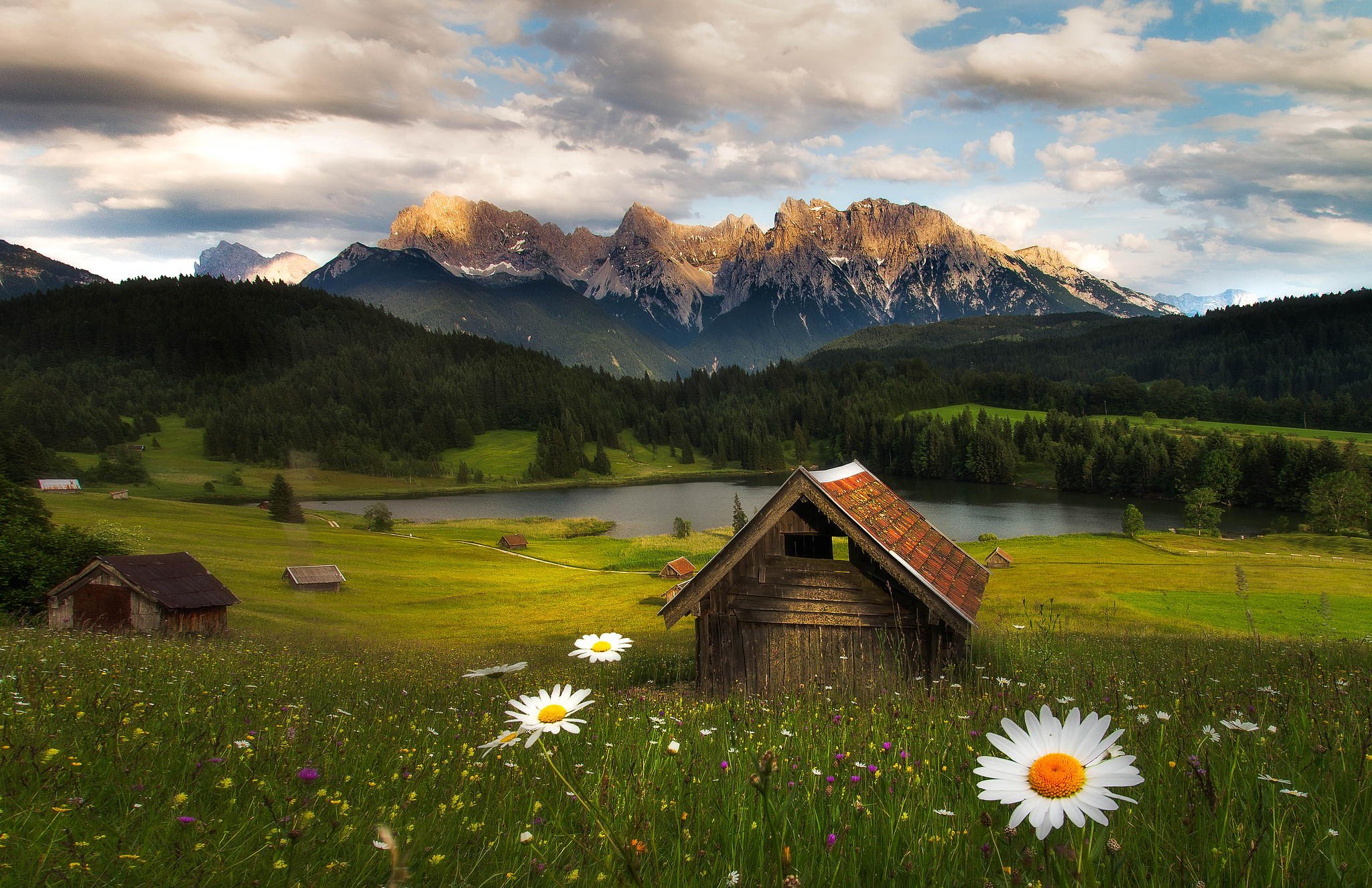 mountains, Flowers, Forest, Nature, Hut, Lake Wallpaper