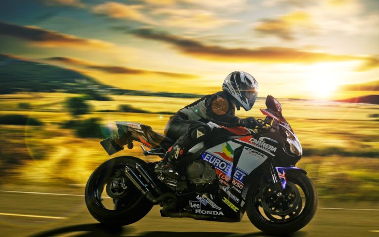 honda, Cbr, Race, Speed, Motors, Motorcycles, Fast, Road, Man, Sunset, Clouds HD Wallpaper Desktop Background