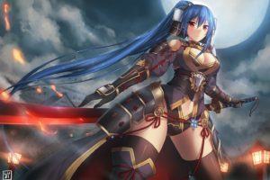 armor, Blue, Hair, Breasts, Cape, Cleavage, Katana, Long, Hair, Luzi, Moon, Navel, Original, Red, Eyes, Sword, Thighhighs, Weapon